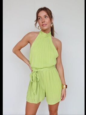 vestique Neon Lime Halter Tie-Waist Romper
